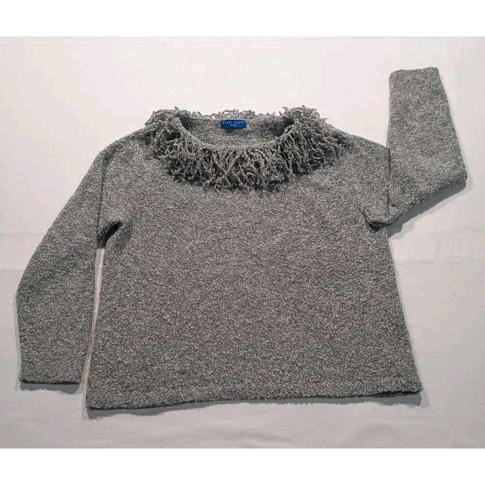 Karen Scott Sport Fringe Collar Sweater Marled Gray Knit Pullover Size L XL